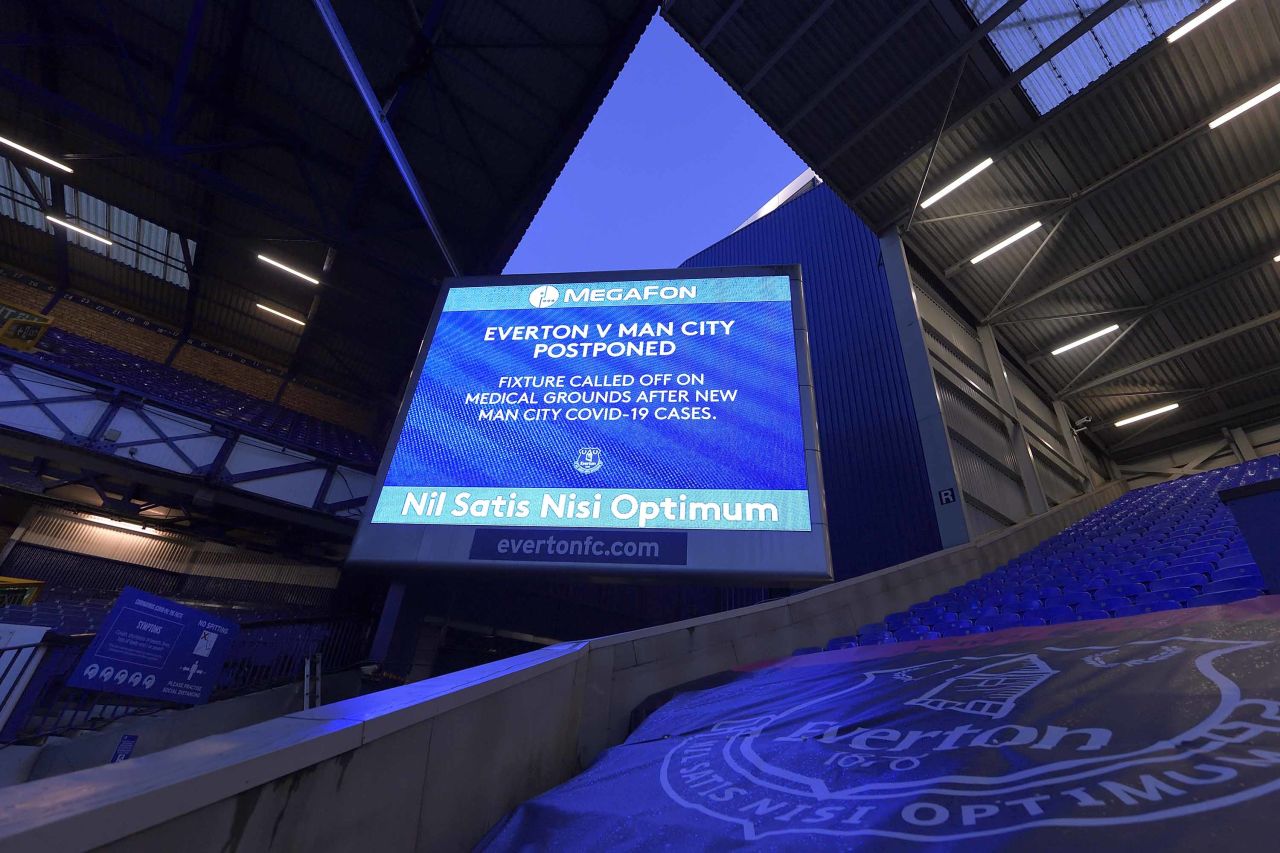 A notice announcing the postponement of the Premier League match between Everton and Manchester City in Liverpool, England, on December 28. 