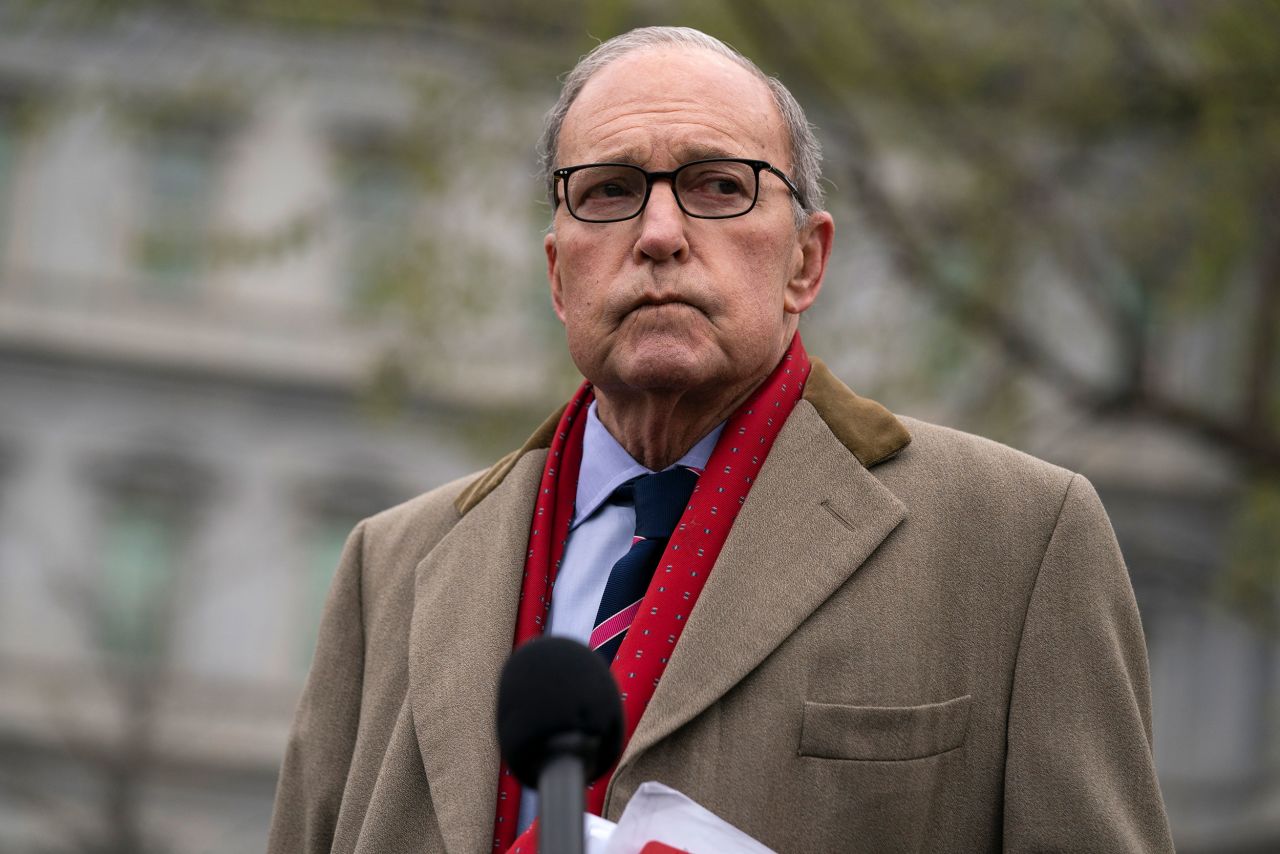 White House economic adviser Larry Kudlow talks with reporters at the White House on Tuesday, March 24.