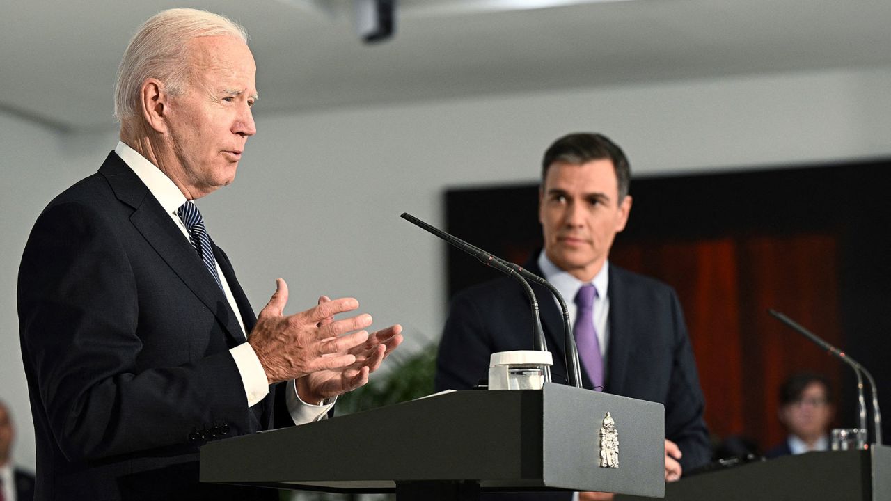 US President Joe Biden and Spain's Prime Minister Pedro Sanchez give a press press conference at La Moncloa Palace in Madrid on June 28.