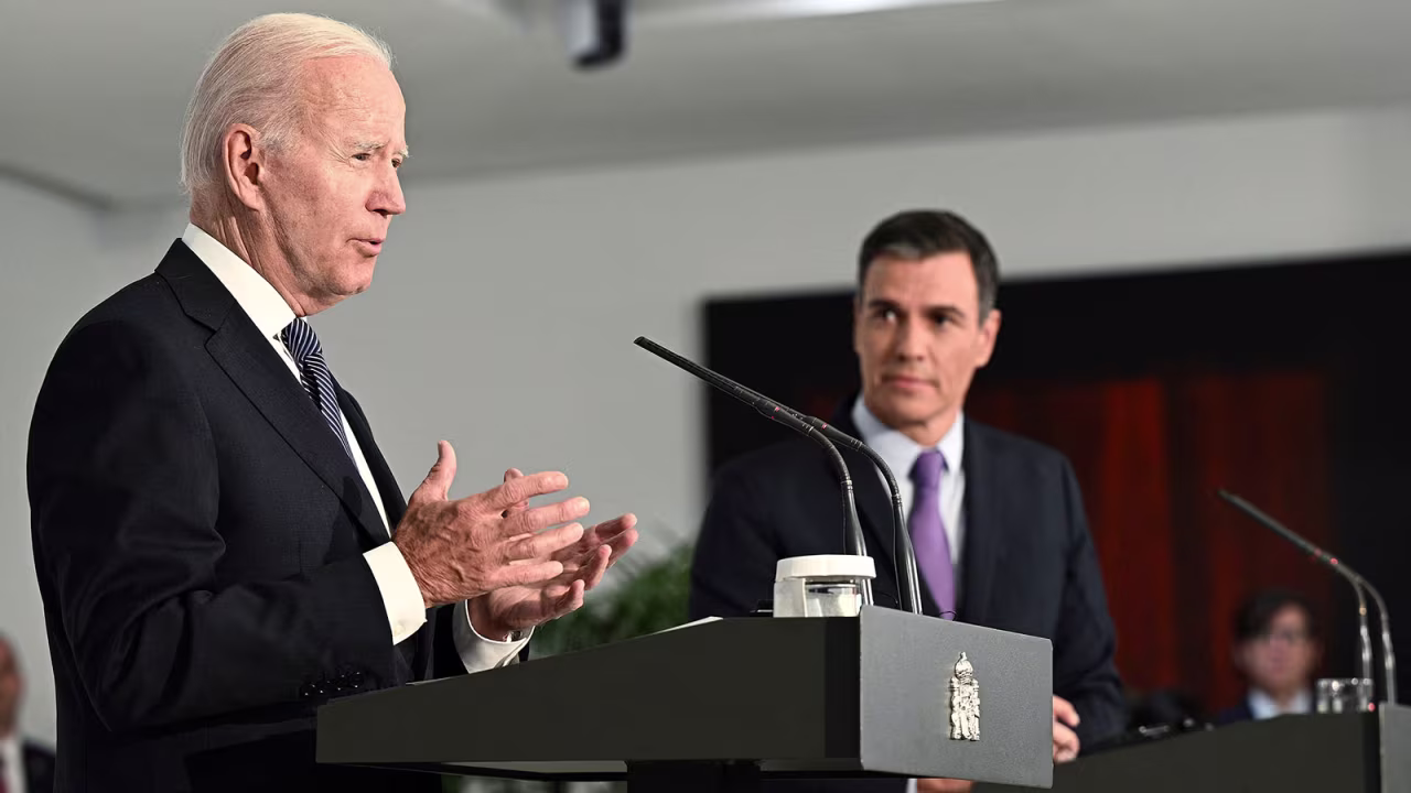 US President Joe Biden and Spain's Prime Minister Pedro Sanchez give a press press conference at La Moncloa Palace in Madrid on June 28.