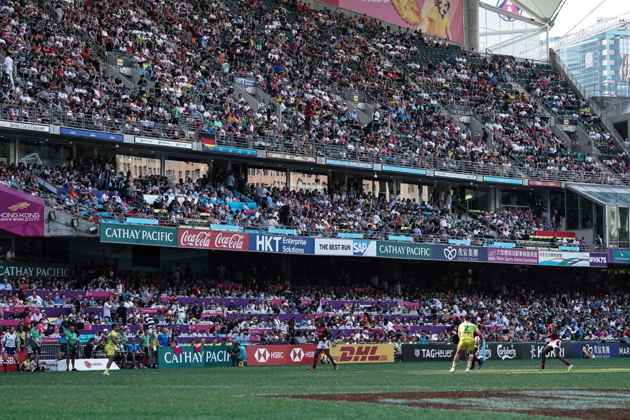 A match between Australia and Kenya is played during the Rugby Sevens in Hong Kong in April 2019.