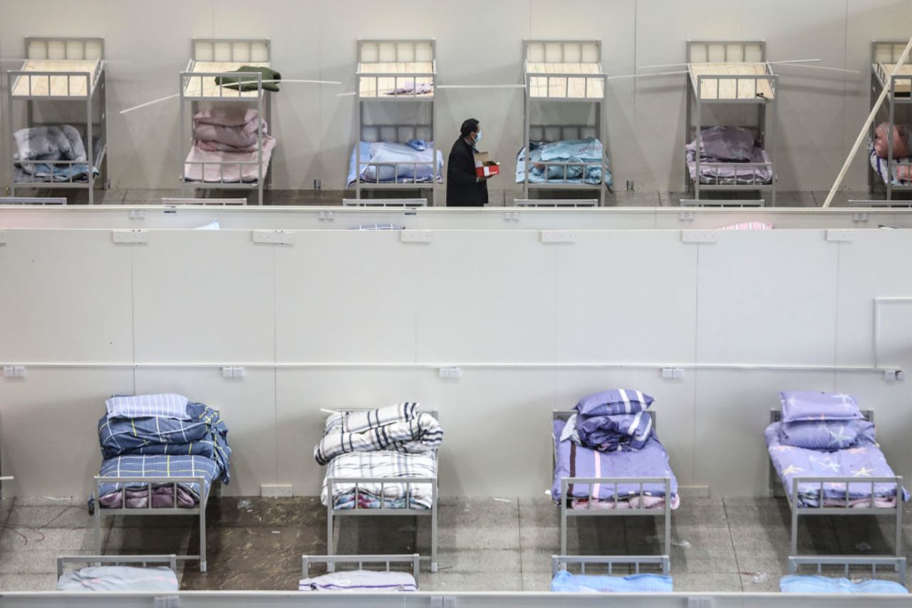 Workers convert the Wuhan International Conference and Exhibition Center into a field hospital amid the novel coronavirus outbreak on February 4.