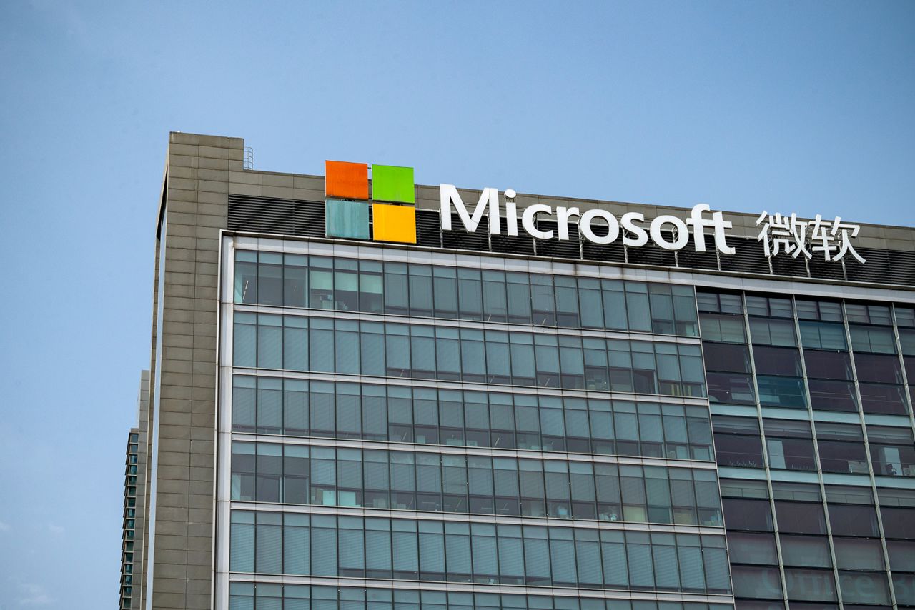 The corporate logo for Microsoft is displayed in Beijing, China, on May 16.