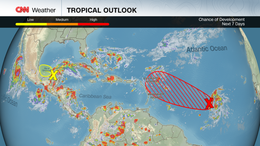 The season's next storm is likely to form in the area shown in red above, according to the National Hurricane Center.