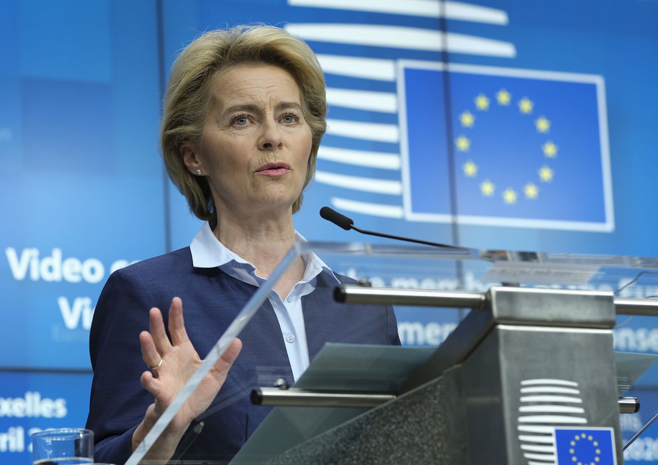 European Commission President Ursula von der Leyen speaks during a news conference in Brussels, Belgium, on April 23. ?