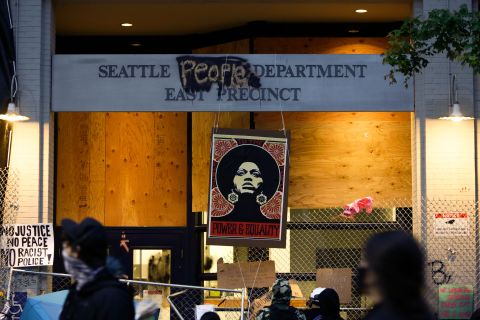 The vacated Seattle Police Department's East Precinct is seen in the area known as the Capitol Hill Autonomous Zone on June 12 in Seattle, Washington.