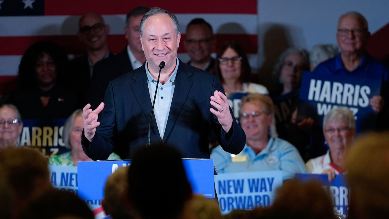 Second gentleman Doug Emhoff speaks in support of his wife, Vice President Kamala Harris, at a campaign event in The Villages, Florida, on September 13.