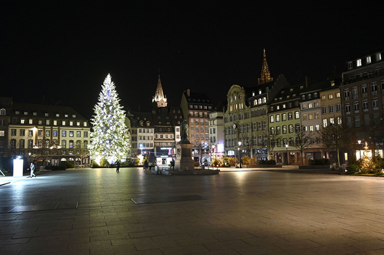 A picture taken on January 10, shows the deserted Place Kleber in Strasbourg, France, as a new curfew is in effect at 6 pm to fight against the spread of the new coronavirus. 