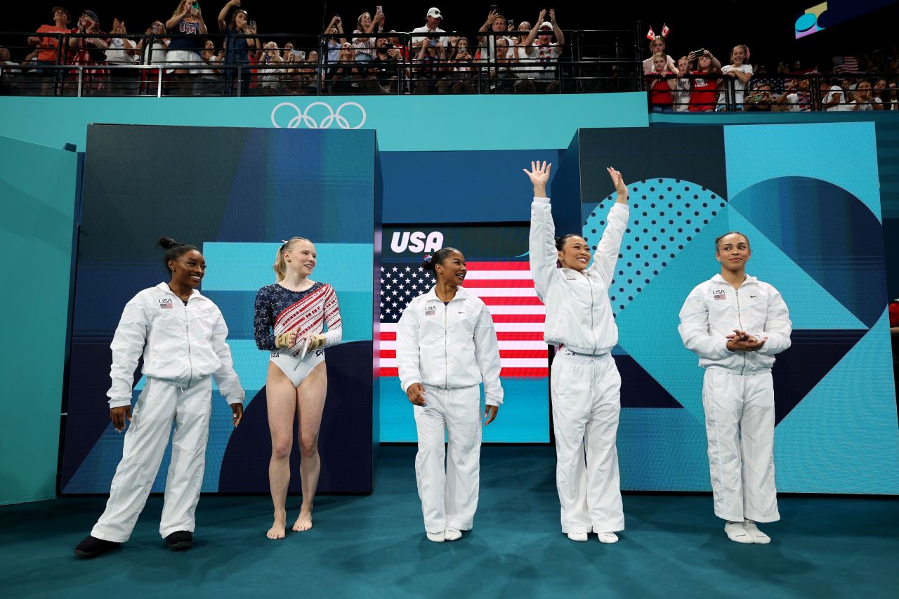 Team USA is introduced during the women's gymnastics team final on Tuesday.