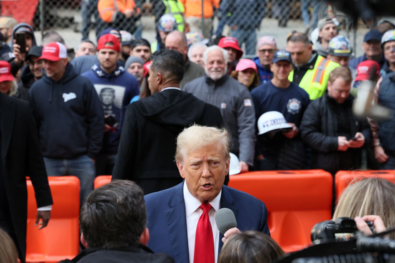 Republican presidential candidate and former U.S. President Donald Trump speaks to the media as he meets with Union workers in New York City, on April 25.