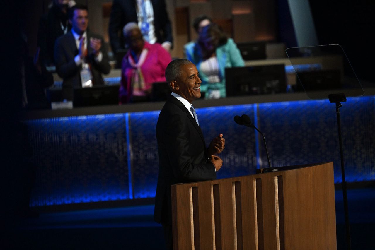 Former President Barack Obama speaks on Tuesday, August 20, in Chicago during the DNC.