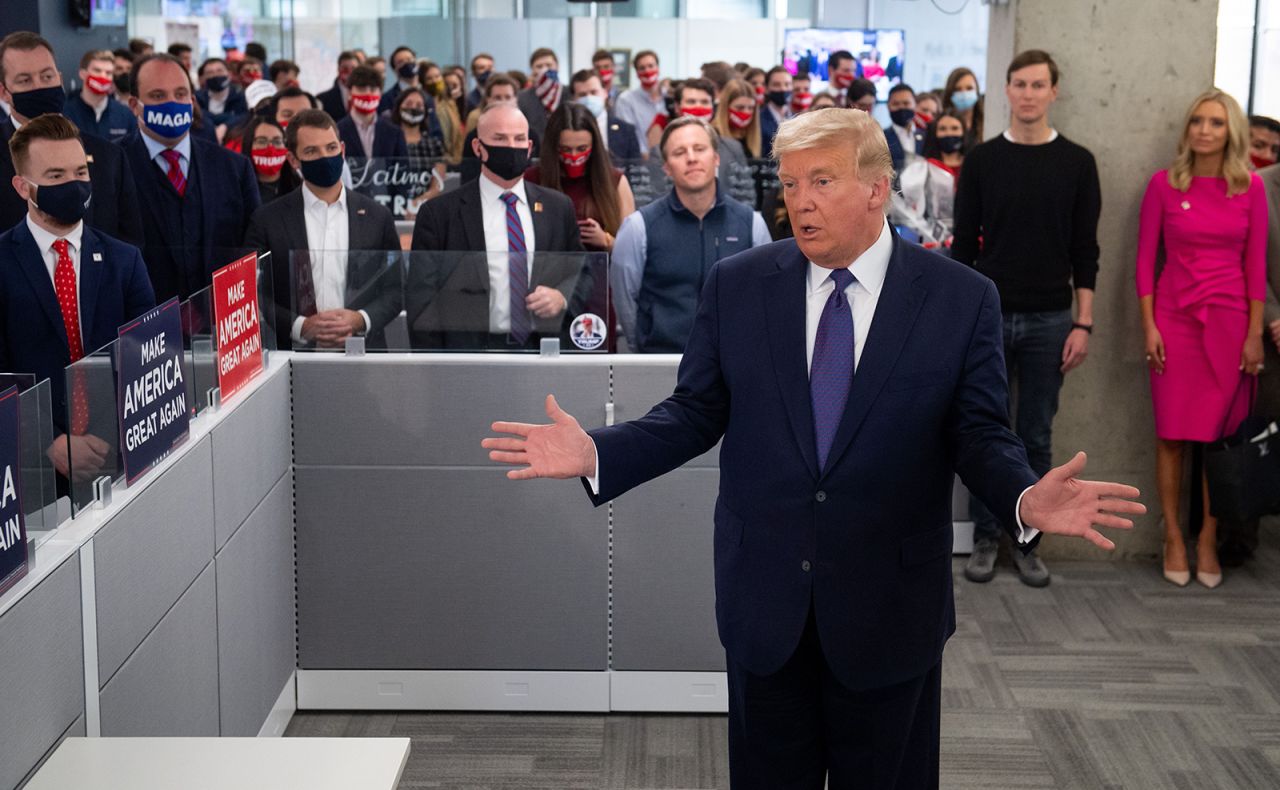 President Donald Trump speaks as he visits his campaign headquarters in Arlington, Virginia, on Tuesday. 