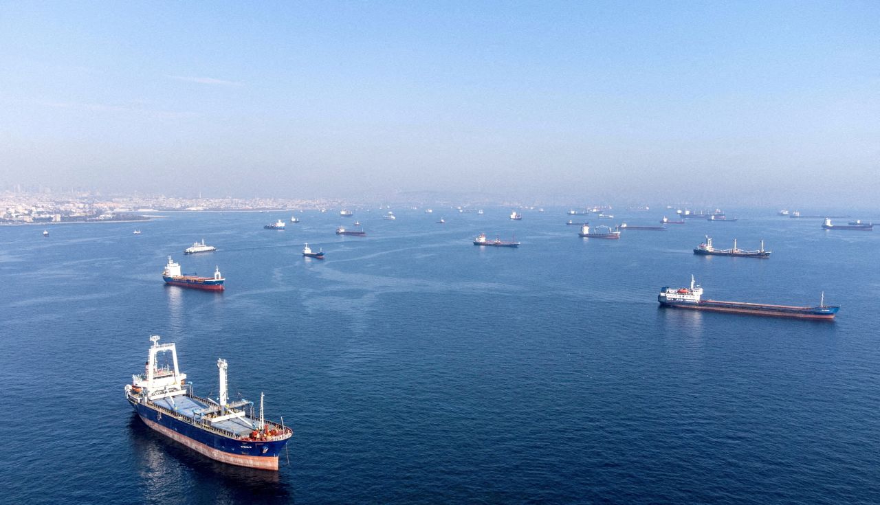 Commercial vessels including vessels that are part of?the Black?Sea?grain?deal?wait to pass the Bosphorus strait off the shores of Yenikapi during a misty morning in Istanbul, Turkey, on October 31, 2022. 