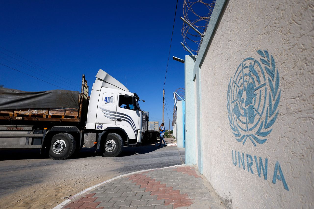 An aid truck arrives at a UN storage facility in Gaza on October 21. 