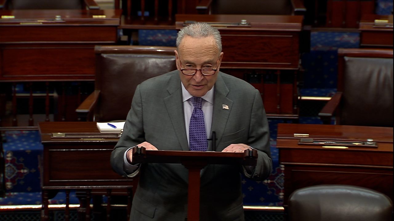 Senate Majority Leader Chuck Schumer speaks on the Senate floor on Tuesday in Washington, DC.