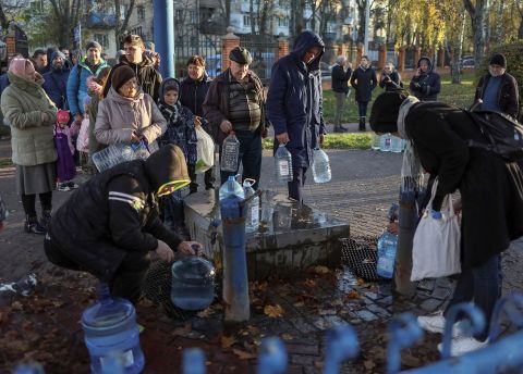 Local residents queue for water from a pump in Kyiv, Ukraine, on October 31.