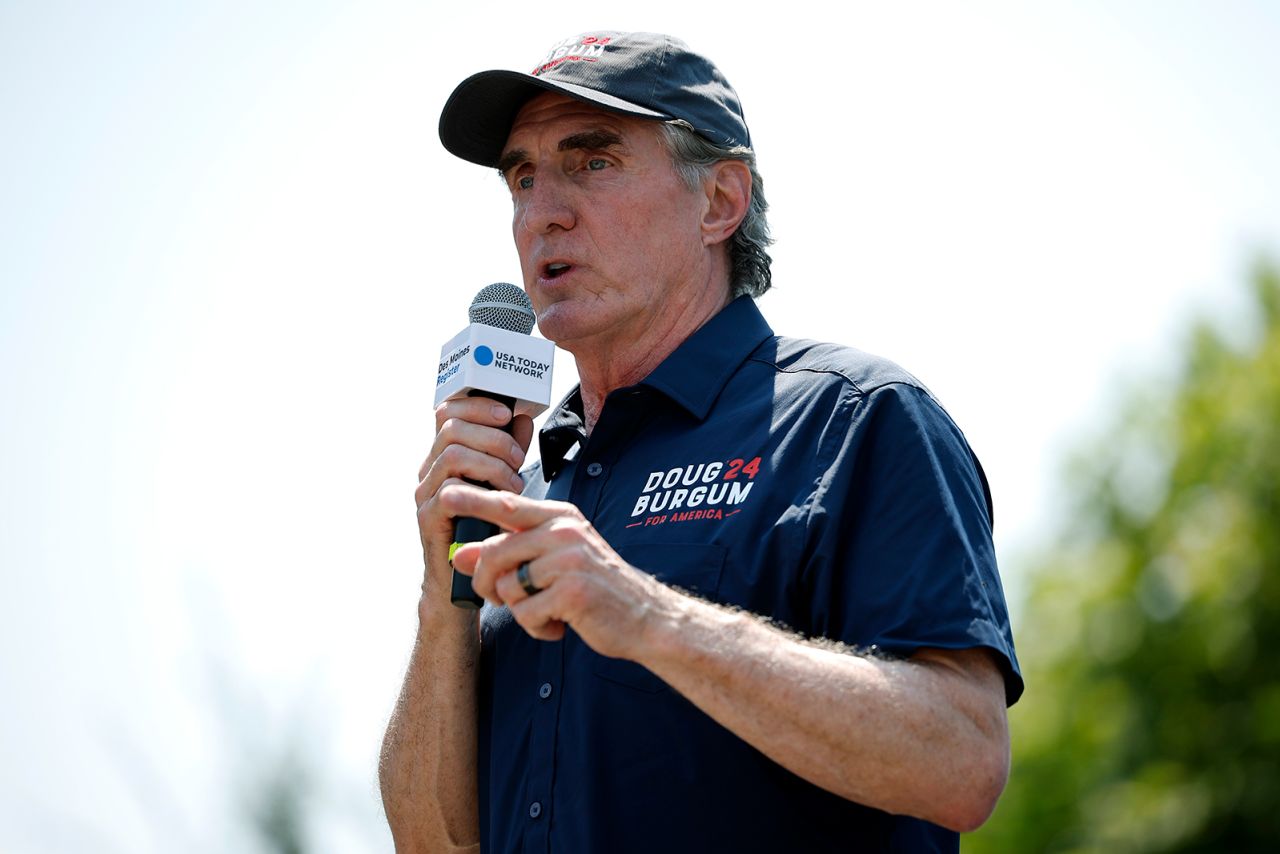 North Dakota Gov. Doug Burgum speaks during a campaign event on August 10, in Des Moines, Iowa. 