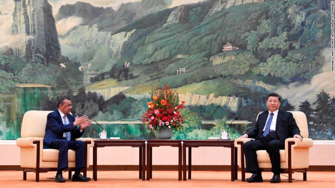 World Health Organization director general Tedros Adhanom Ghebreyesus with Chinese President Xi Jinping in Beijing on January 28, 2020.