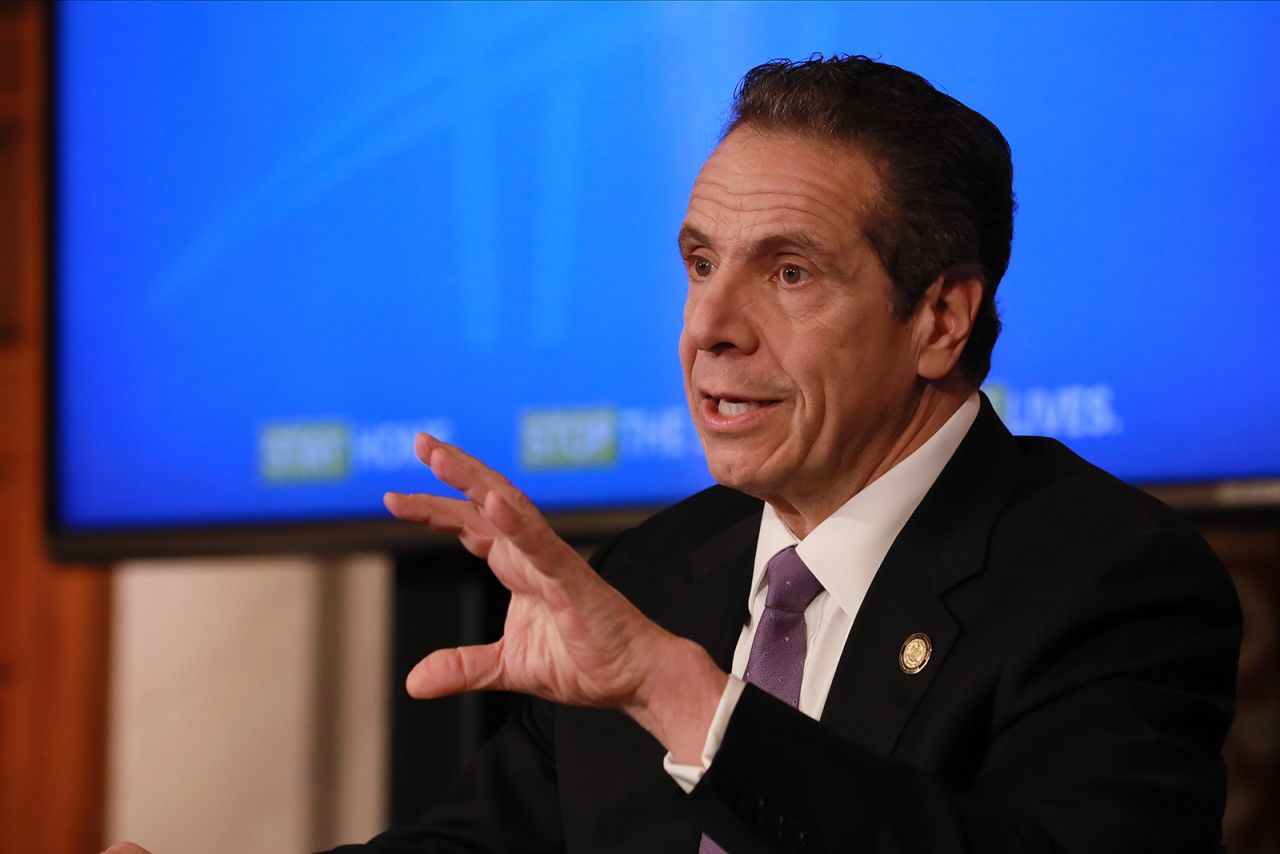 New York Gov. Andrew Cuomo gives his a press briefing about the coronavirus crisis on April 17, in Albany, New York.