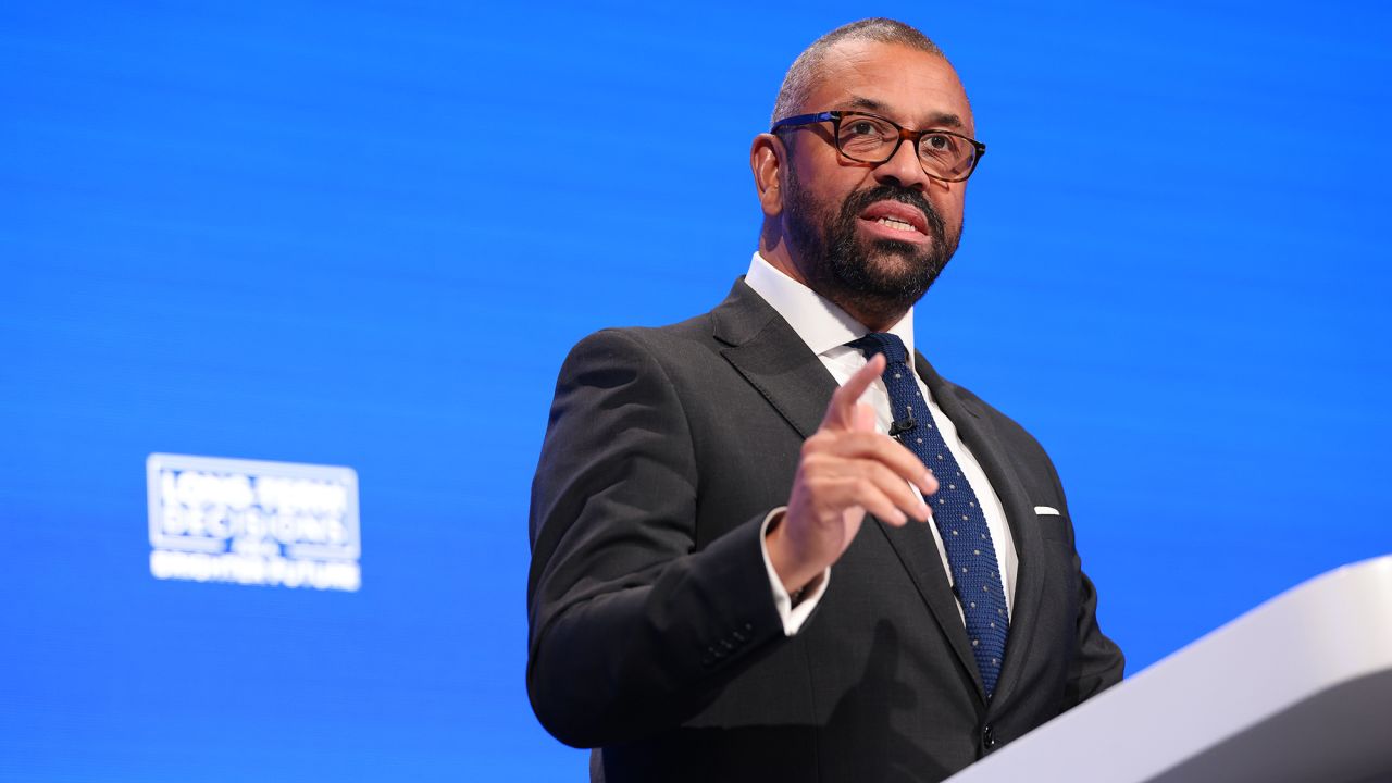 British Foreign Secretary James Cleverly speaks in Manchester, England, on October 1. 