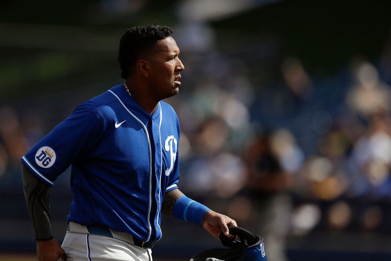 Kansas City Royals catcher Salvador Perez walks towards the dugout during a spring training game in Phoenix on February 27.