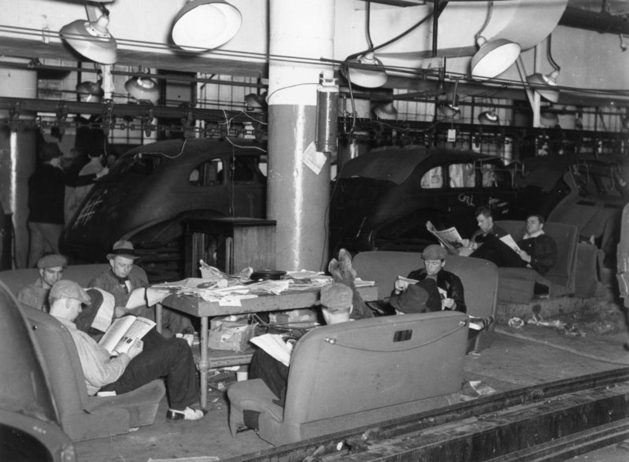 Members of the nascent United Auto Workers Union (UAW) during a sit-down strike in the General Motors Fisher Body Plant in Flint, Michigan, January 1, 1937.