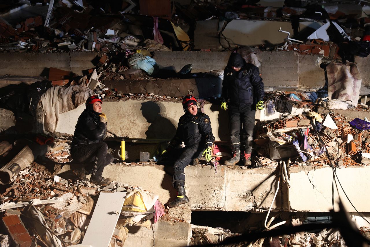 Rescuers search for victims and survivors amidst the rubble of collapsed buildings in Kahramanmaras, Turkey,?on February 7.