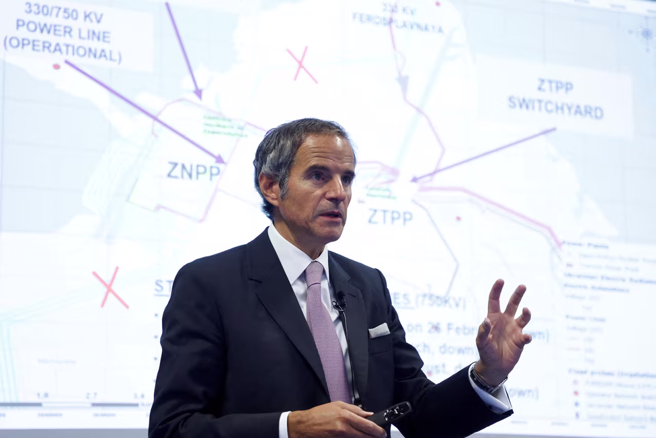 International Atomic Energy Agency (IAEA) Director-General Rafael Grossi addresses a news conference during an IAEA Board of Governors meeting in Vienna on Monday. 