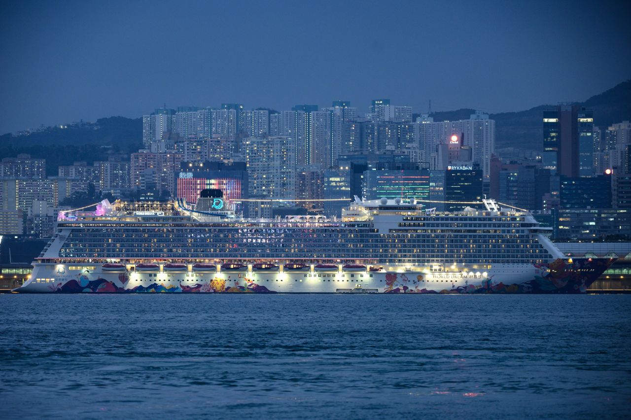 The World Dream is seen docked at Kai Tak Cruise Terminal in Hong Kong on Thursday.