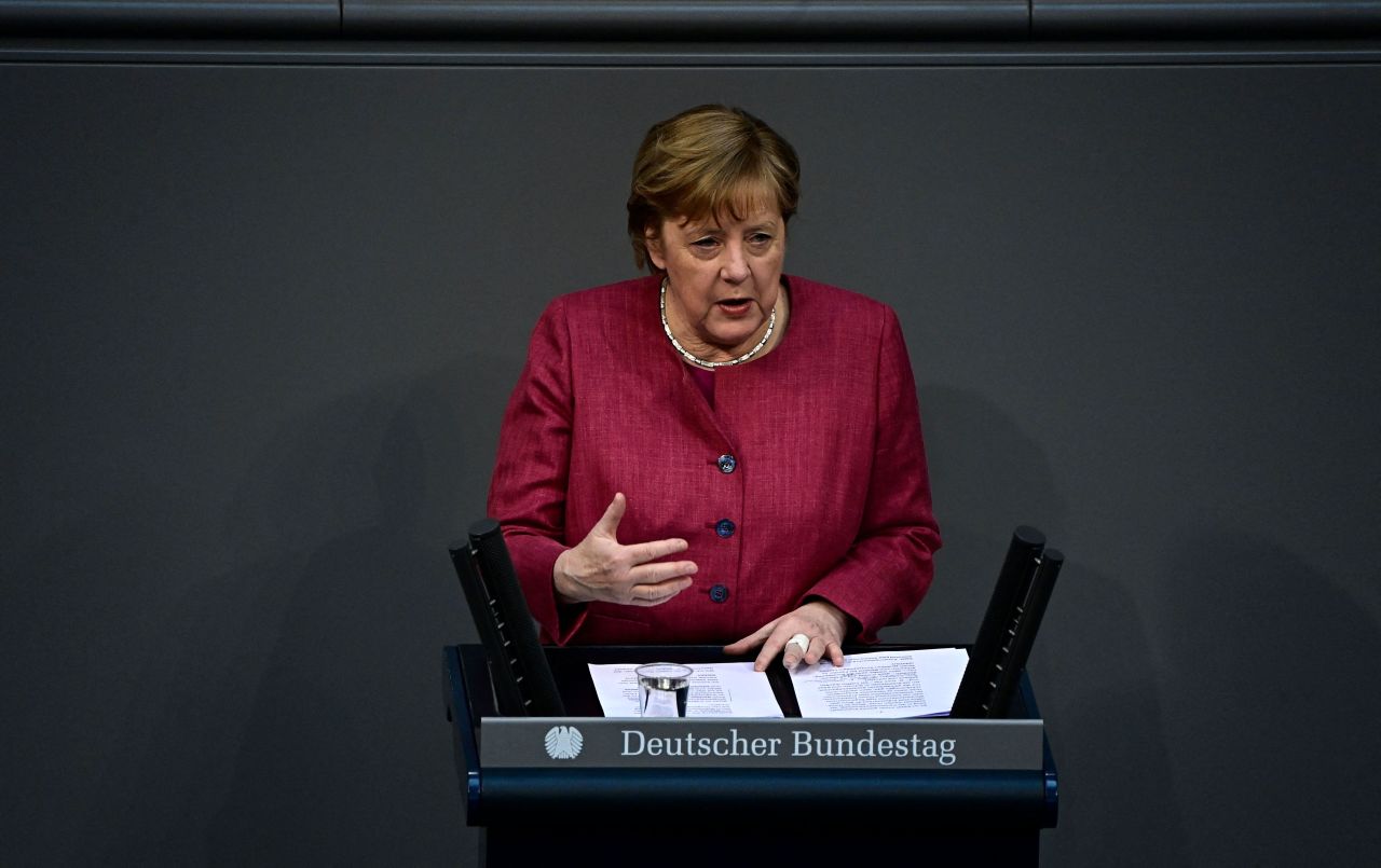 German Chancellor Angela Merkel speaks on April 16 in Berlin.