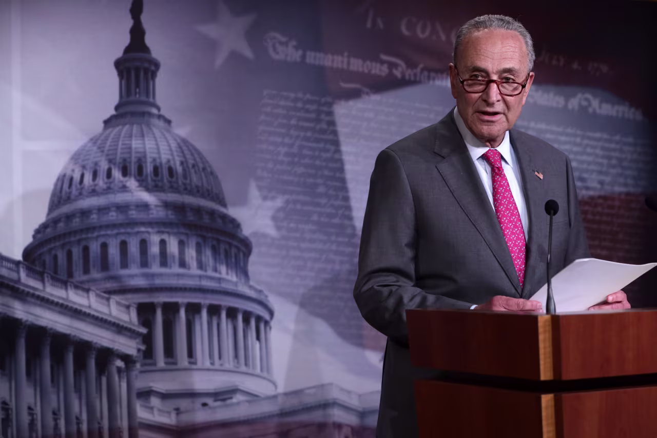 Senate Minority Leader Chuck Schumer speaks at a news conference following the Democrats weekly policy luncheon at the US Capitol on June 23 in Washington.