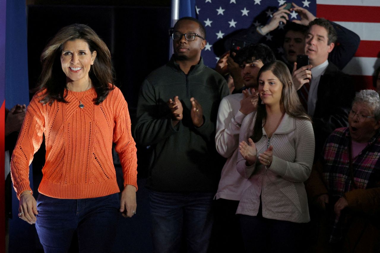 Nikki Haley takes the stage at a campaign rally in Franklin, New Hampshire, on Monday.