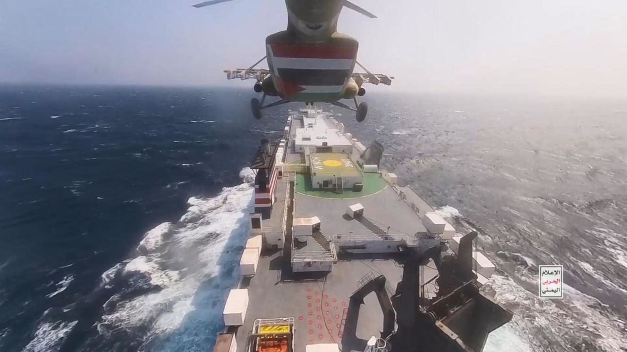 This handout screen grab captured from a video shows Yemen's Houthi fighters' takeover of the Galaxy Leader Cargo in the Red Sea coast off Hudaydah, on November 20, 2023, in the Red Sea, Yemen.