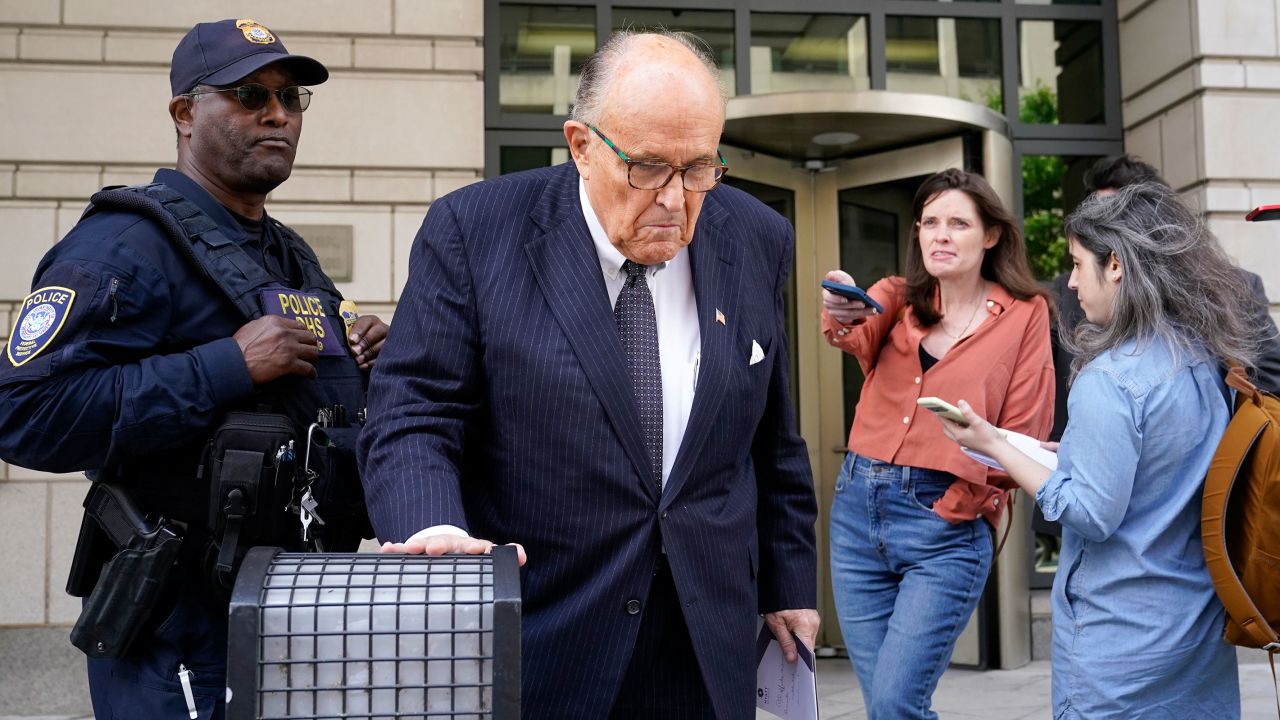 Former New York City Mayor Rudy Giuliani departs the federal courthouse, Friday, May 19, 2023, in Washington, DC. 