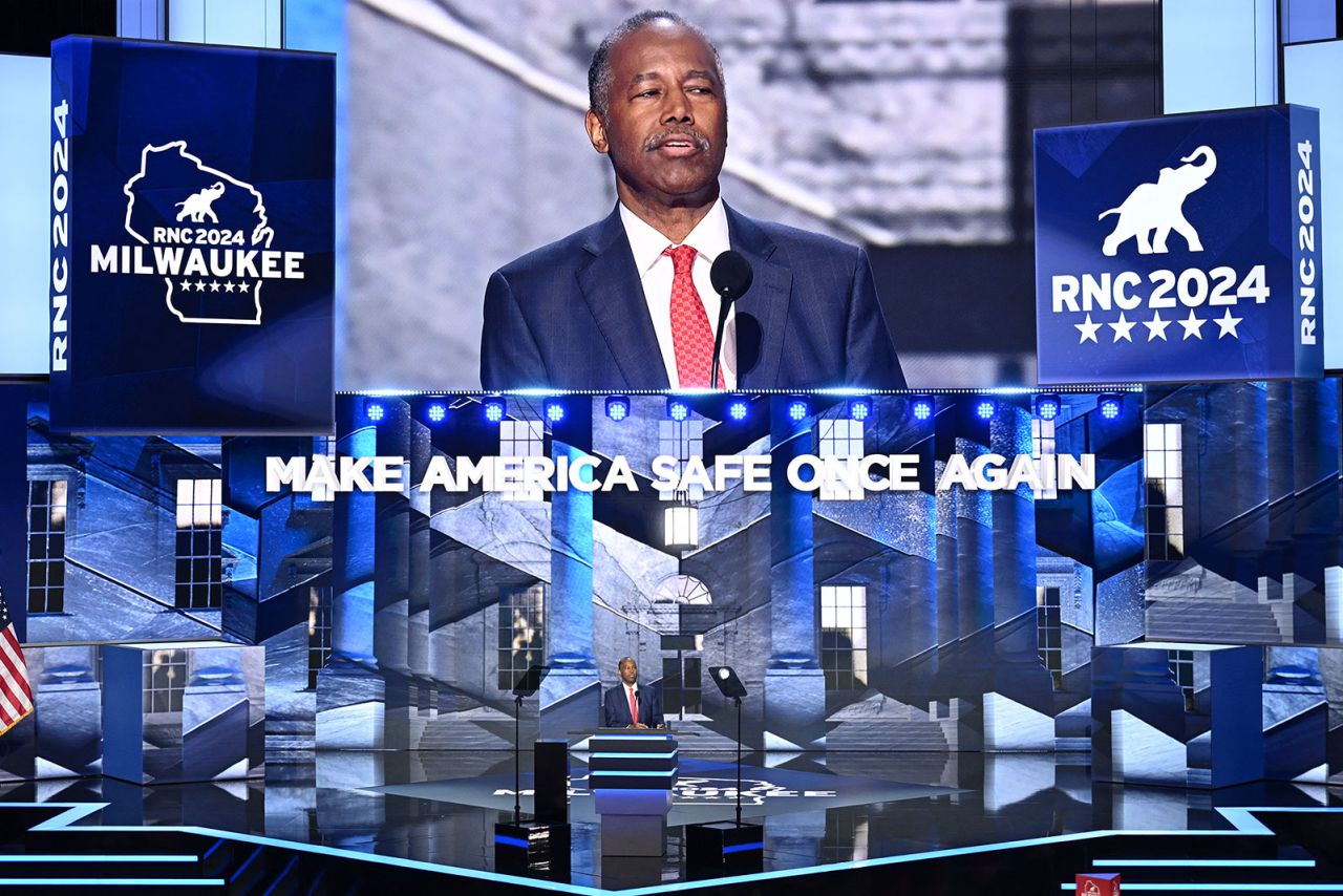 Ben Carson speaks during the second day of the Republican National Convention in Milwaukee, on Tuesday, July 16. 