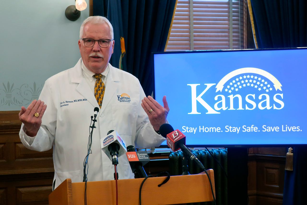 Dr. Lee Norman, head of the Kansas Department of Health and Environment, answers questions about the coronavirus pandemic during a news conference, on May 8, at the Statehouse in Topeka, Kansas.