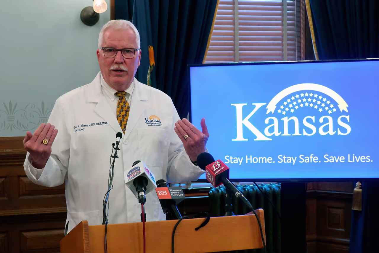 Dr. Lee Norman, head of the Kansas Department of Health and Environment, answers questions about the coronavirus pandemic during a news conference, on May 8, at the Statehouse in Topeka, Kansas.