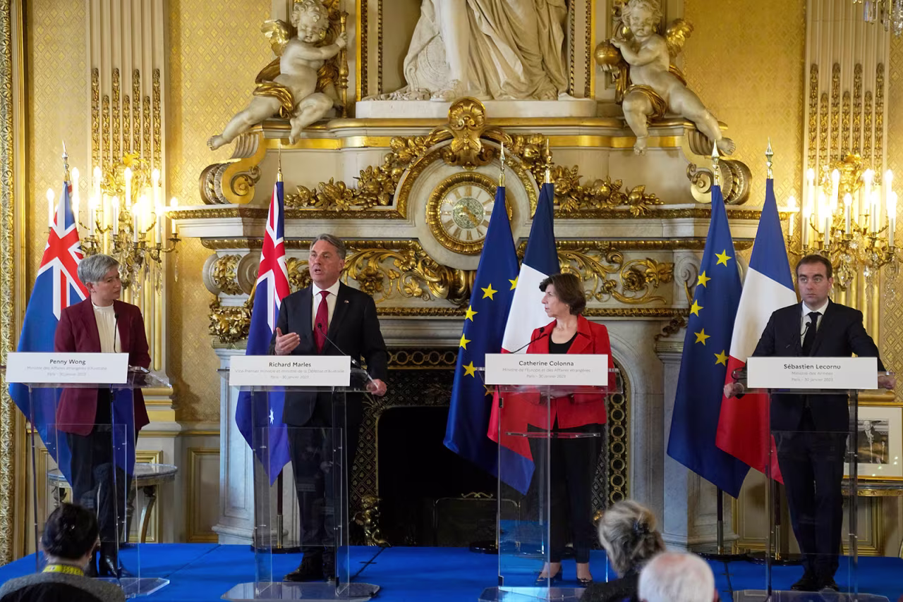 French Foreign Minister Catherine Colonna, second right, French Defense Minister Sébastien Lecornu, right, attend a joint press conference with Australian Defense Minister Richard Marles, second left, and Australian Foreign Minister Penny Wong, on Monday. 