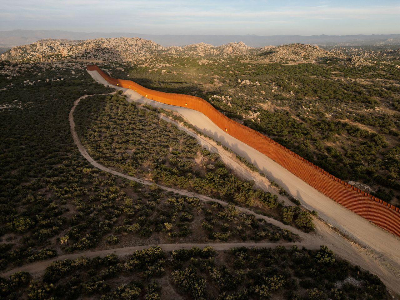 A drone view shows the US-Mexico border wall in Jacumba Hot Springs, California, on June 3.