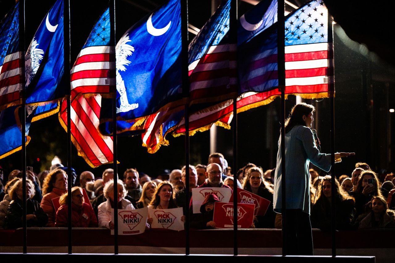 Haley speaks during a campaign rally at the New Realm Brewing Co. on February 4, in Charleston, South Carolina.?