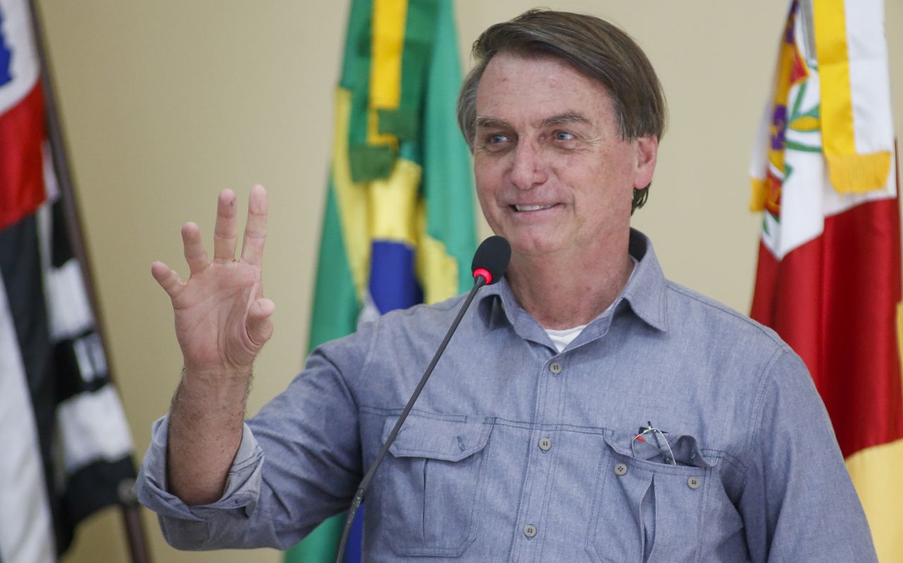 Jair Bolsonaro, President of Brazil speaks during the presentation of a bridge development project over the Ribeira de Iguape River, on September 3. 