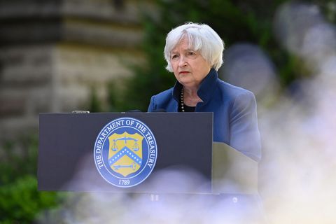 US Treasury Secretary Janet Yellen speaks to journalists on the sidelines of a meeting of finance ministers and central bankers from the Group of Seven industrialised nations (G7) on May 18 in Koenigswinter near Bonn, western Germany. 