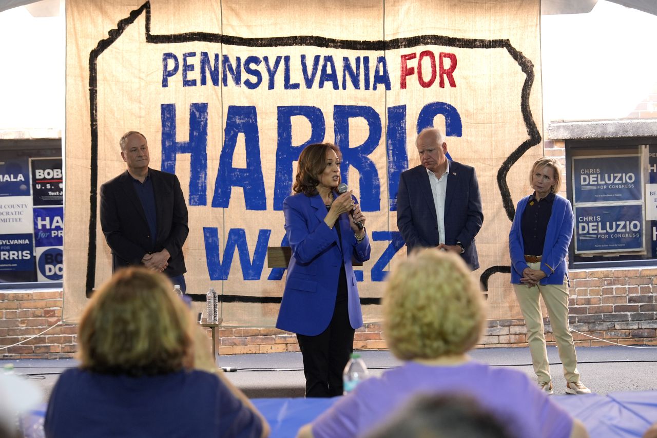 Vice President Kamala Harris speaks at a campaign event in Rochester, Pennsylvania, on August 18.