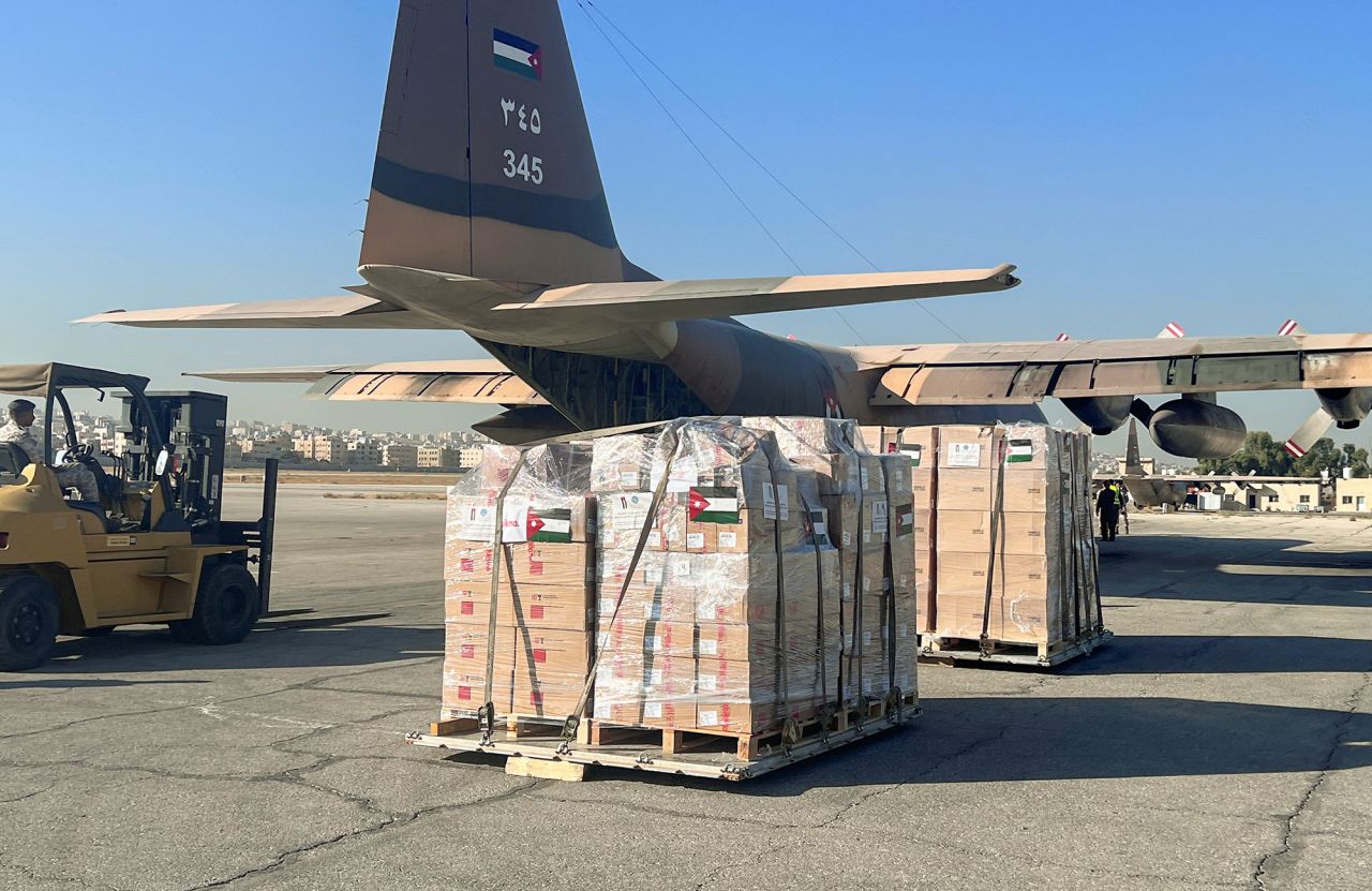 Humanitarian aid and supplies from?Jordan?Hashemite Charity Organization are loaded inside a military airplane destined for?Gaza, in Amman,?Jordan, on?October 12.