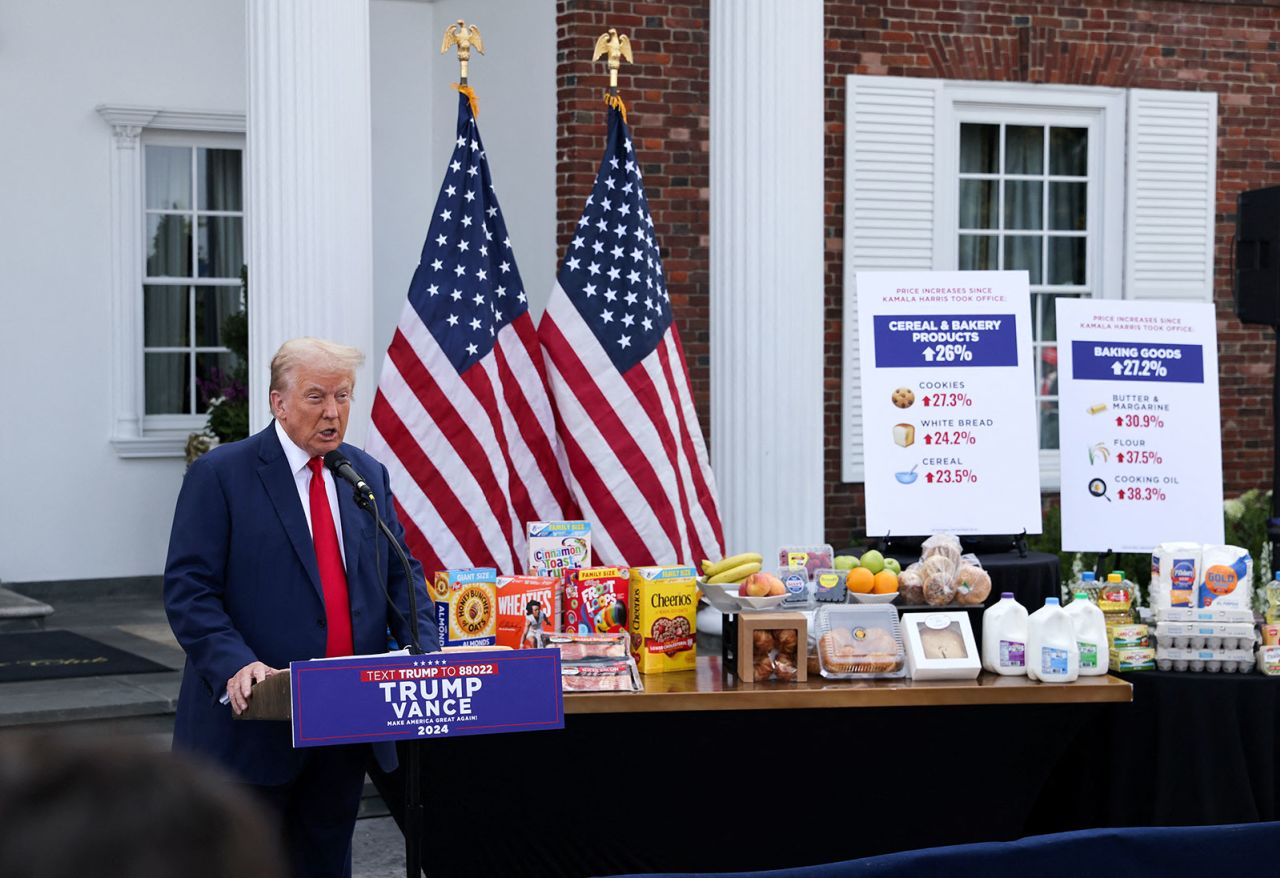 Republican presidential nominee and former President Donald Trump speaks during a press conference at Trump National Golf Club, in Bedminster, New Jersey, on Thursday, August 15.