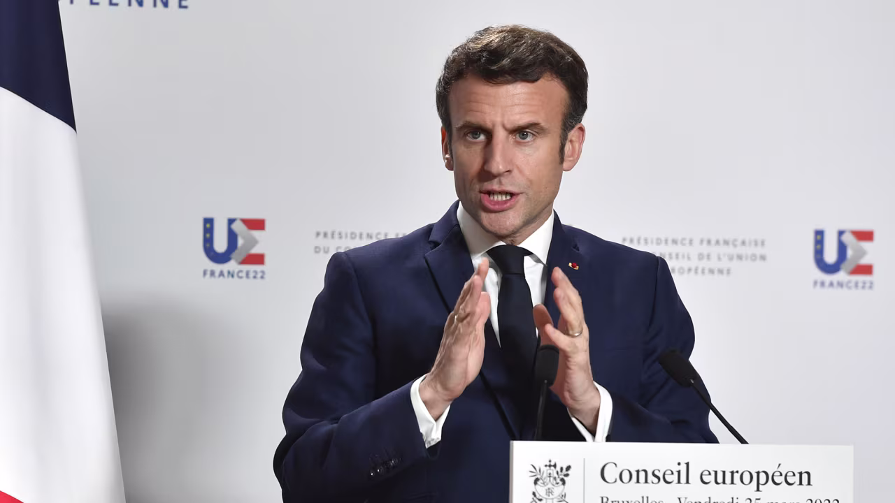 French President Emmanuel Macron speaks during a press conference after an EU summit in Brussels, Friday, March 25.