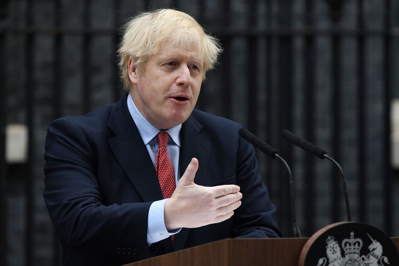 UK Prime Minister Boris Johnson speaks in Downing Street as he returns to work following his recovery from Covid-19 in London on April 27. 