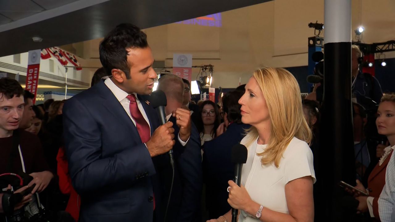 Tech entrepreneur and GOP presidential candidate Vivek Ramaswamy speaks with CNN's Dana Bash on Wednesday after the FOX Business Republican Primary Debate at the Ronald Reagan Presidential Library in Simi Valley, California. 