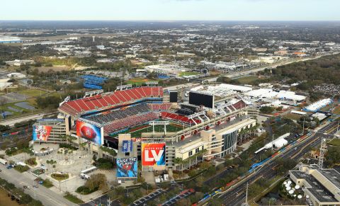 An aerial view of Raymond James Stadium is seen ahead of Super Bowl LV in Tampa, Florida, on January 31.