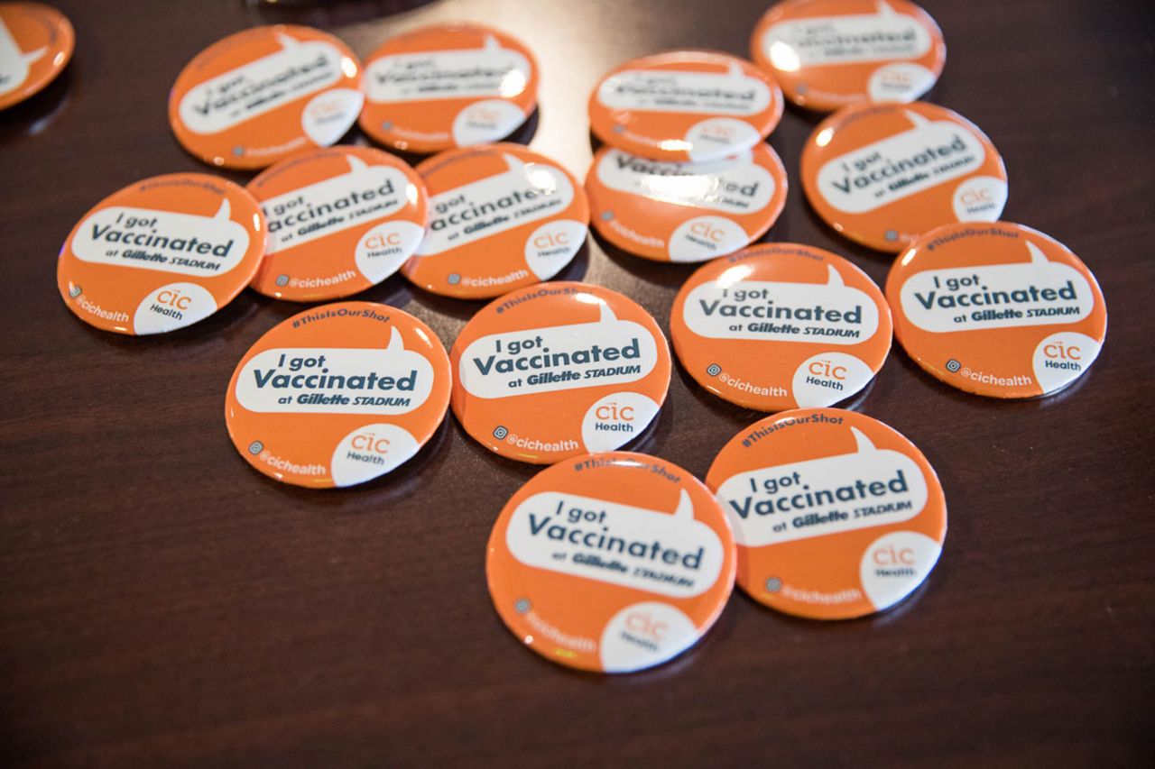 Pins for people who have been vaccinated at Gillette Stadium's vaccination site on January 15 in Foxborough, Massachusetts.